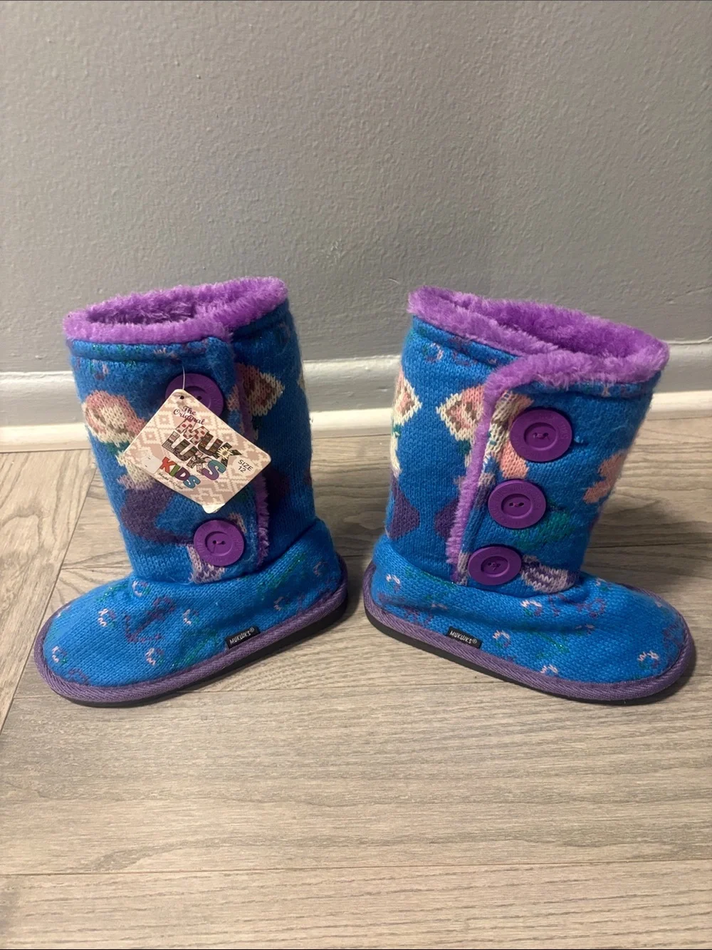 Kids Original Mukluks Blue and Purple Button-Up Winter Boots with Mermaid Design